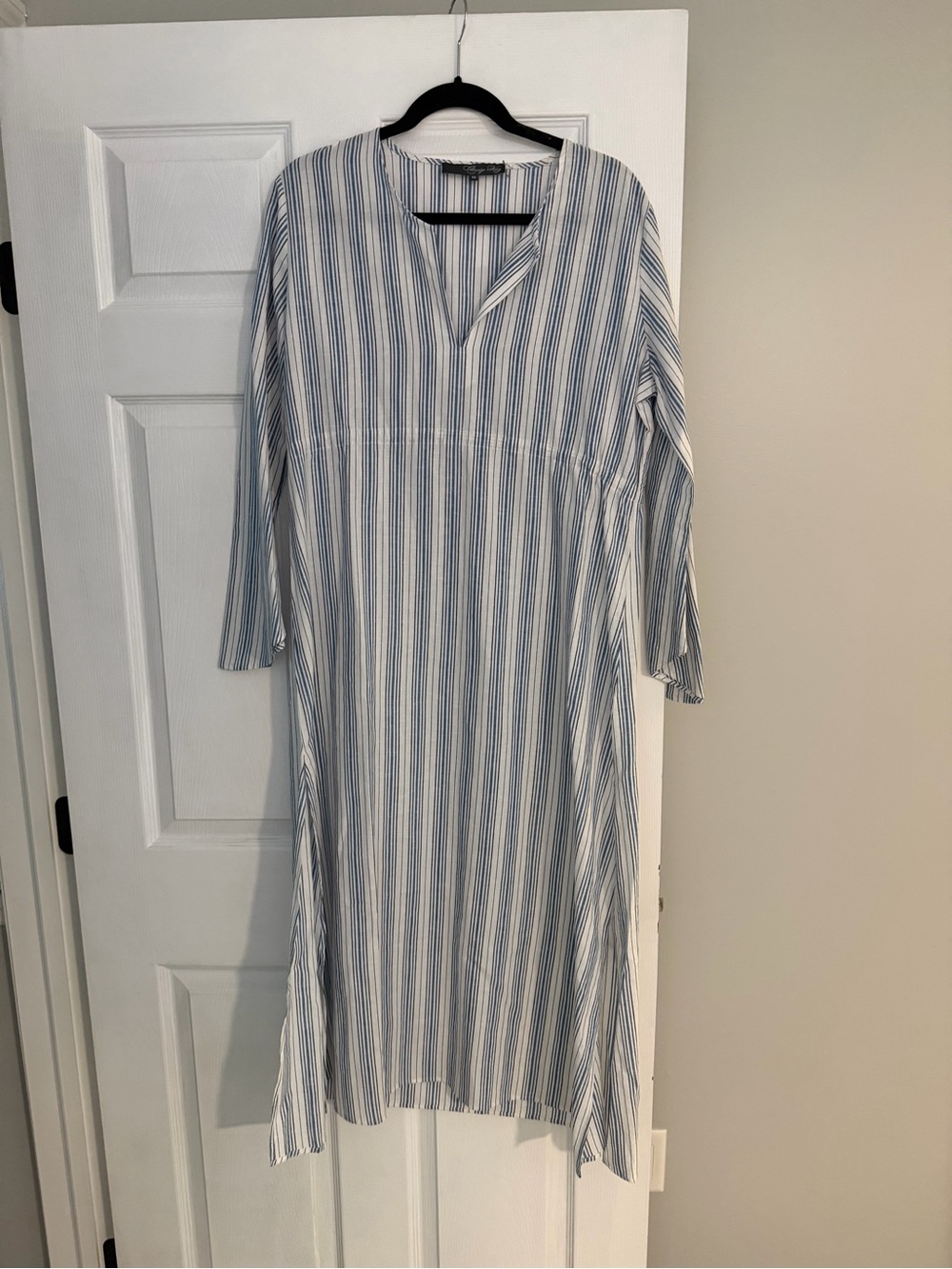 Blue & White Striped Long Sleeve Split-Neck Day Dress
